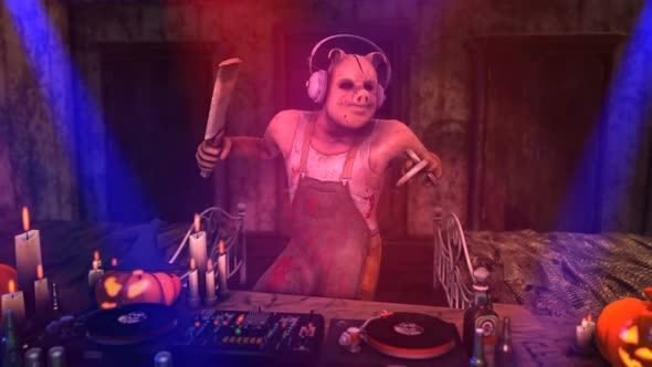 Butcher psycho killer Djing in a party in a haunted house alt