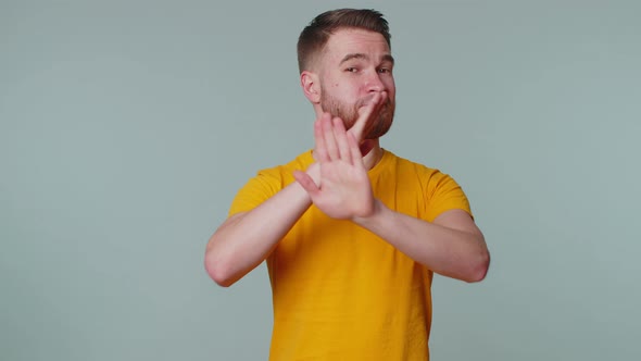 Man Say No Hold Palm Folded Crossed Hands in Stop Gesture Warning of Finish Prohibited Access alt