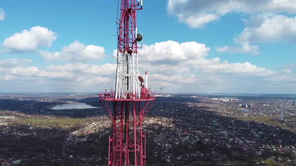 Aerial shot around telecommunication tower with cellular network antenna . Telecom network antenna. alt
