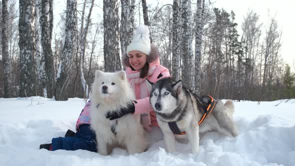 Woman with Daughter Petting Sled Dogs Outdoors alt