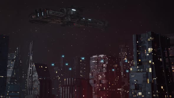 Futuristic, Dystopian Sci-Fi City at Night Establishing Shot - With Flying Cars and Spaceship alt