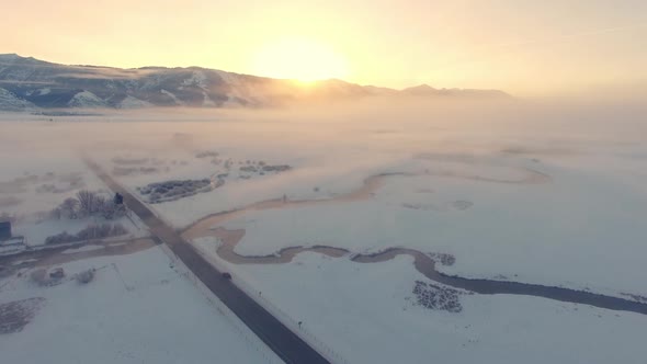 Snowy landscape in the winter from aerial view in Wyoming alt