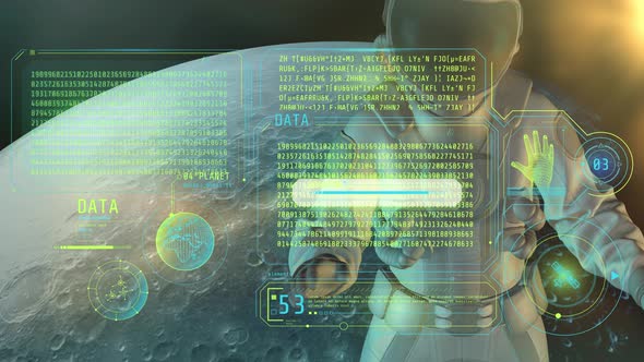 An Astronaut Examines An Array Of Coded Data 4K