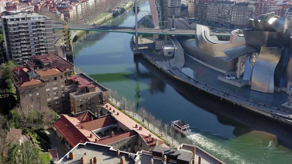 Drone view of Bilbao; beautiful cityscape of Basque country capital in sunny winter day