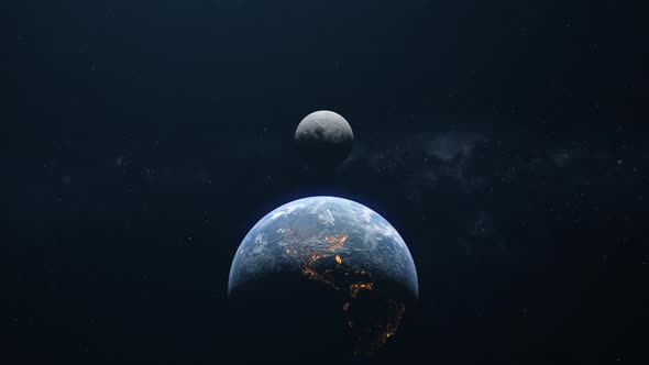 The Earth And The Moon flying slowly away in space