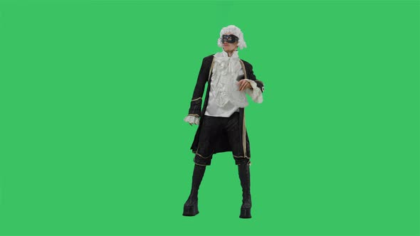 Portrait of Courtier Gentleman in Black Vintage Suit White Wig and the Mask Dancing Merrily with Fan alt