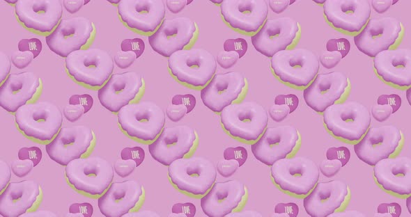 Minimal motion 3d art. Donuts hearts seamless animation pattern.Text Love. 