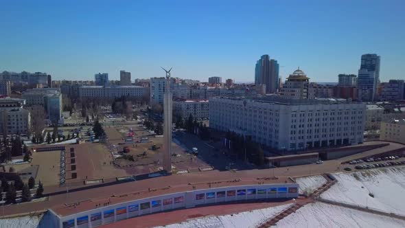 Aerial View on Samara City Russian Town at Sunny Winter Day Top View From Drone on Glory Square
