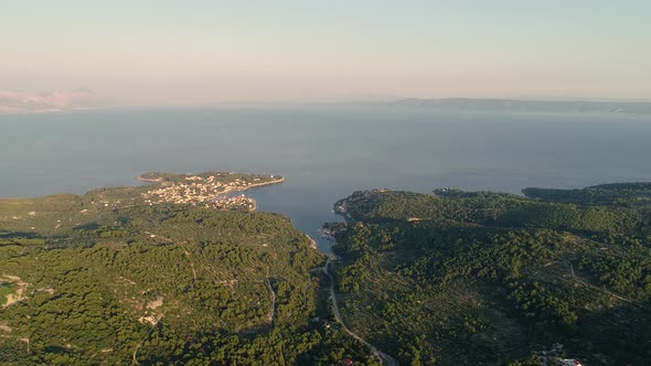 Faraway aerial view of Sumartin cityscape, Brac island, Croatia. alt