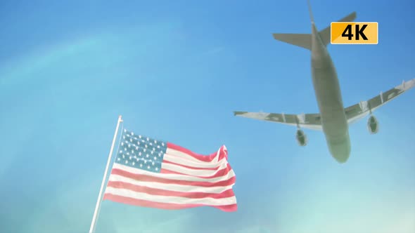 USA Flag With Airplane alt