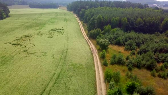AERIAL with Flight Over Sandy Road Field and Forest alt