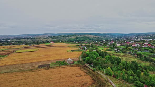 Aerial view of the countryside with houses and fields with grain plantations.