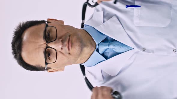 Vertical Shot Middle Aged Doctor Puts a Stethoscope on His Neck Folds His Arms Over His Chest