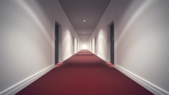 Mystery empty hotel corridor with red carpet, white walls and wooden doors.