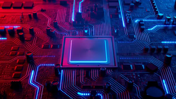 Data flow in a motherboard in pc. Processor among circuits and electronics. CPU alt