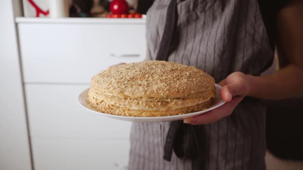 Homemade Homemade Honey Cake in the Hands. Woman Holding Sweet Food Against the Background of a