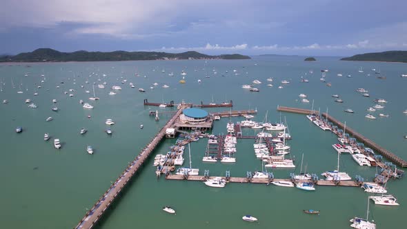 Aerial View Top down Drone shot of Yacht and sailboat parking in marina Transportation and travel alt