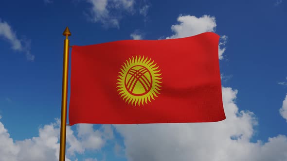 National flag of Kyrgyzstan waving with flagpole and blue sky timelaps alt
