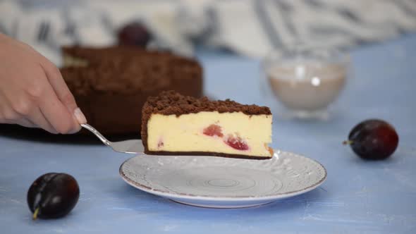 Piece of delicious homemade cheesecake with plums and chocolate crumble.	