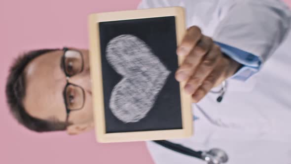 Vertical Shot Attractive Doctor in Medical Coat and Stethoscope Shows Tablet with Chalk Heart