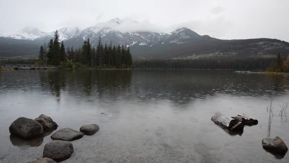 Rainy Gray Morning at the Pyramid Lake at Canadian Rocky Mountains