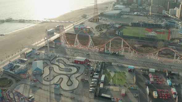 Aerial Drone Shot of Race Track and Amusement Park at Coney Island During Winter