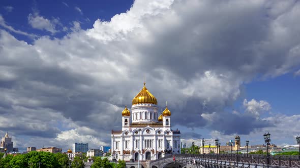Christ the Savior Cathedral (day) against the moving clouds, Moscow, Russia