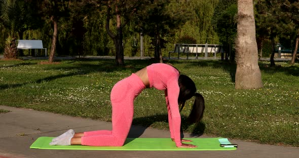 Young woman doing yoga practice or stretching on green grass in park.