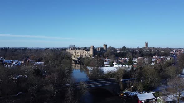 Aerial Warwick Castle Winter Snow River Avon