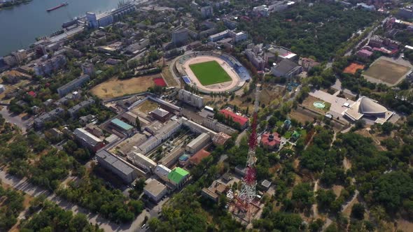 Aerial Drone Footage Kherson City Stadium Green Trees River Houses Ukraine