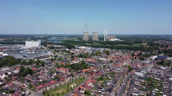 Gas-fired power station Clauscentrale behind city Maasbracht, the Netherlands alt