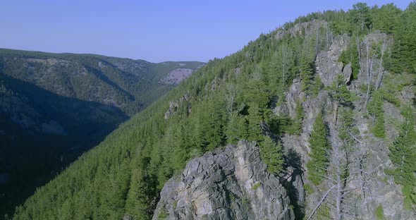 Aerial of cliff in canyon. camera dollies forward and pans down to show steep cliff with trees. alt