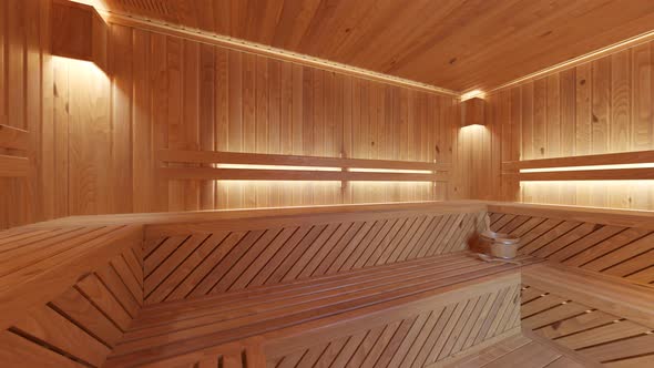 Interior of wooden Finnish sauna. Comfortable Bathouse for SPA and relaxation alt