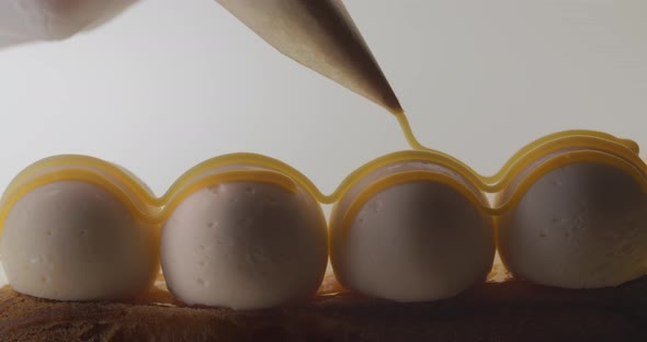 Confectioner Adds Salty Caramel To the Cheese Balls on the Eclair, Making Dessert with Mascarpone alt