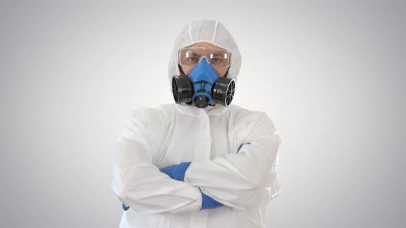 Doctor in Protective Suits with Folded Hands on Gradient Background alt