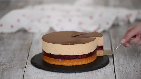 Delicious Homemade Cherry Cake with Caramel Mousse and Sponge Cake Layer