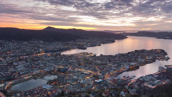 Landscape view of Bergen from Mount Floyen, Bergen, Norway at sunset.