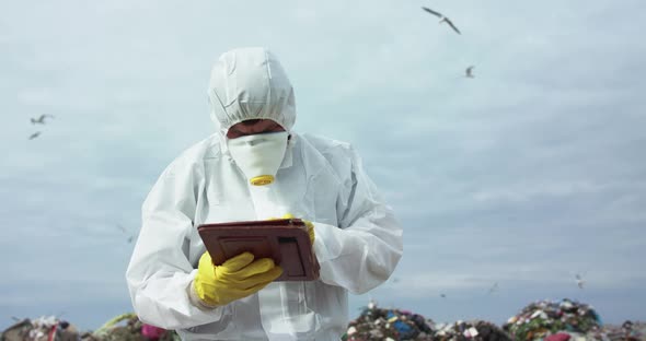 Portrait of Virologist in Protective Costume Noting in Tablet at the Landfill alt