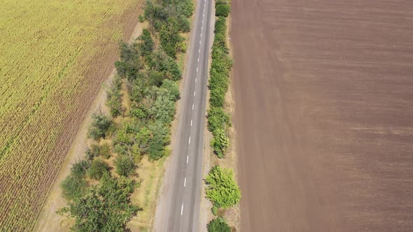 Aerial view. Highway among farm fields.