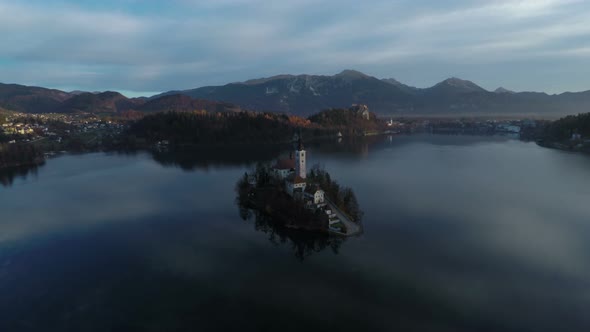 Aerial view of the island on Bled lake