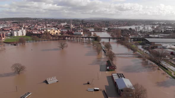 Flooding Worcester River Severn Viaduct Racecourse Flying In Aerial February 2020 Extreme Weather