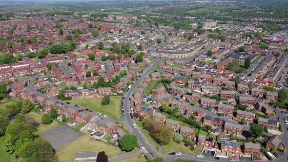 Aerial footage of the town of Batley in Wakefield West Yorkshire UK