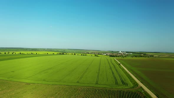 Aerial Footage Over Lush Green Fields With Beautiful Blue Sky New Moon and Small Town in the Distanc alt