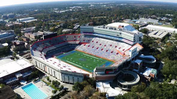 aerial video orbiting the Florida Gators stadium looking down from ...