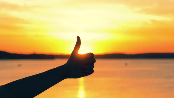 Hand Silhouette Shows Thumb Up Gesture In Sun Rays At Golden Sunset alt