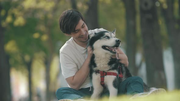 Man caressing Husky dog and sitting on grass in park during stroll