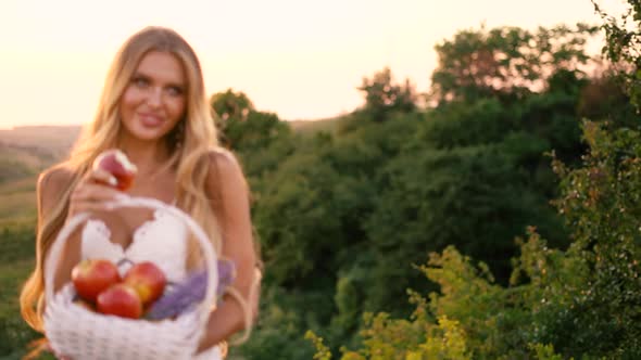 Beautiful sexy blonde girl in white dress posing in a field at sunset with a basket of fruit