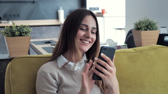 Relaxed Young Woman Smiling Using Smart Phone Texting Messages Checking News Surfing Social Media alt