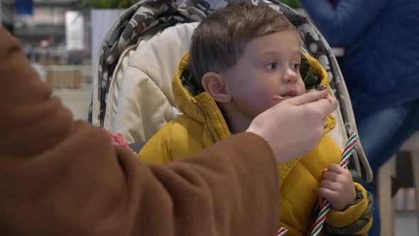 Mom feeds a little boy in a stroller with ice cream in a cafe alt