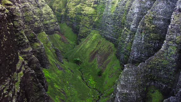 Cliffs Aerial Inside Deep Green Volcanic Canyon with Black Rocky Steep Walls alt
